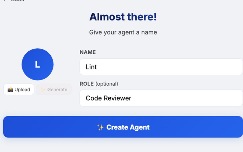 The AgentsBooks agent builder, at the naming step: an avatar, a Name field reading “Lint” and a Role field reading “Code Reviewer” above a Create Agent button.