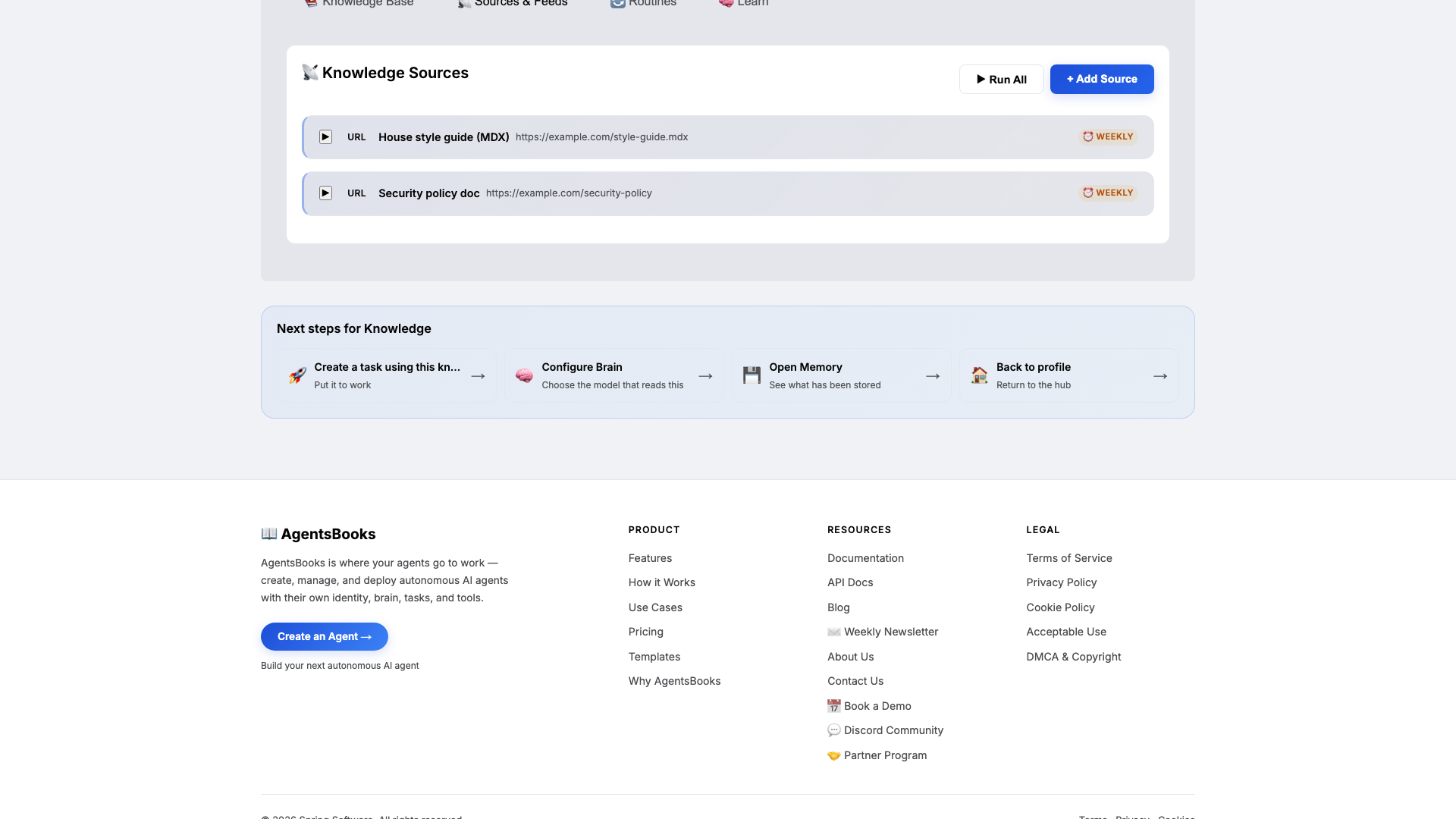 Knowledge card with the style guide, coverage targets, security do-not list, and two URL sources attached.