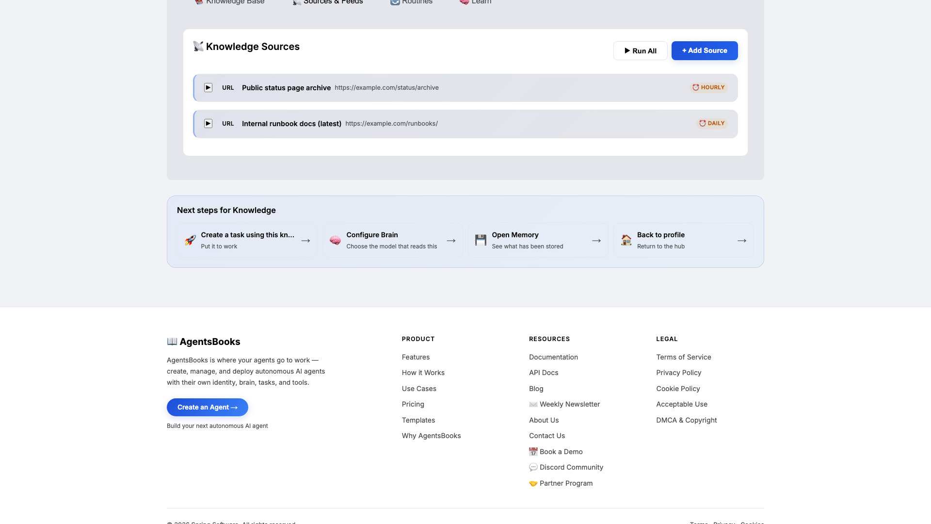 Knowledge card with the runbooks, severity matrix, post-mortems, and two URL sources attached.