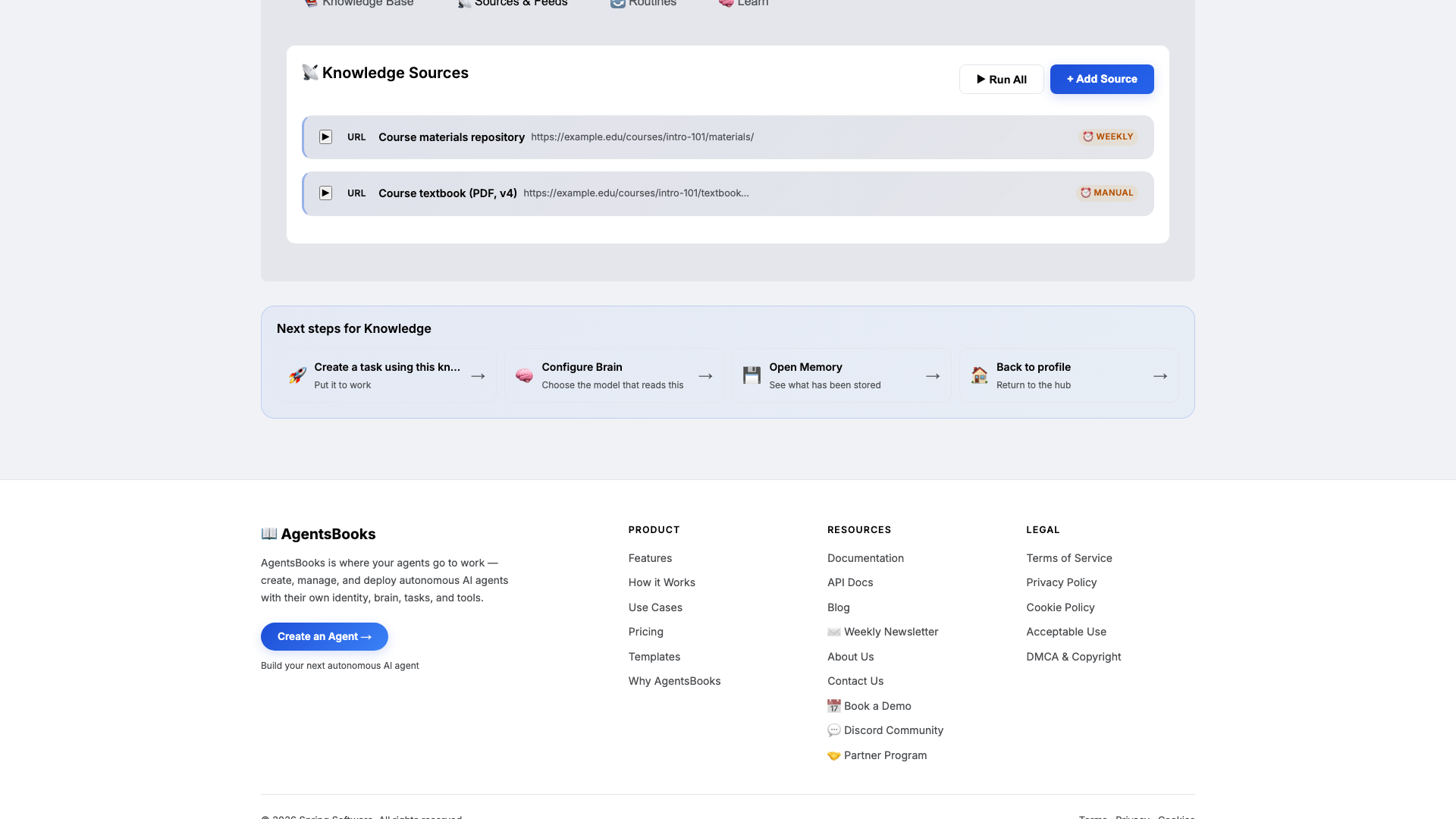Knowledge card with the syllabus, FAQ, do-not-do list, and the course-materials and textbook URL sources attached.